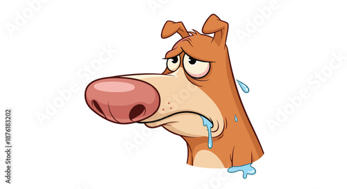Humorous illustration of a tired brown dog with a large pink nose and drooping eyes looking exhausted with drops of sweat on its face.