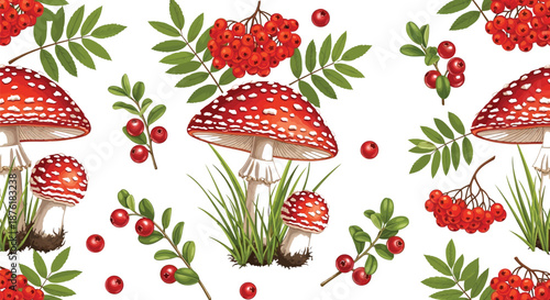 Seamless pattern of red mushrooms and berries for a whimsical autumn design project