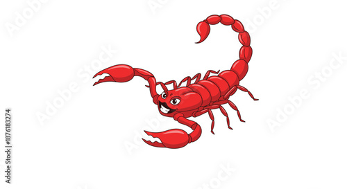 Red scorpion cartoon character with a friendly face and a curved stinger tail stands in a defensive pose on a plain white background.