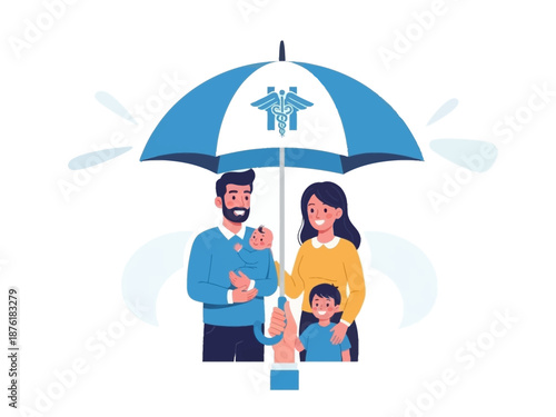 Family protected under umbrella with caduceus symbol, illustrating health insurance and security