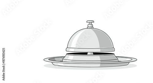 Polished silver service bell rests on a matching metal tray as used in hotels and restaurants for guest assistance.