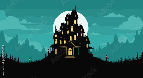Spooky haunted mansion silhouette stands on a dark hill against a giant full moon and misty green forest background.
