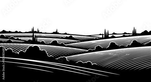 A Striking Monochrome Woodcut Style Illustration Of Rolling Agricultural Fields And Scenic Rural Countryside Landscapes