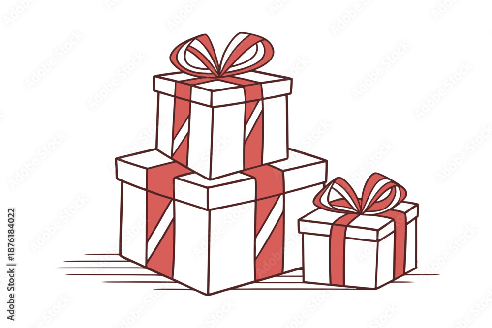 Obraz premium Stack of small red and white gift boxes wrapped in paper for celebration, holiday, birthday, Christmas, Valentine, surprise concept on clean background with festive minimal style