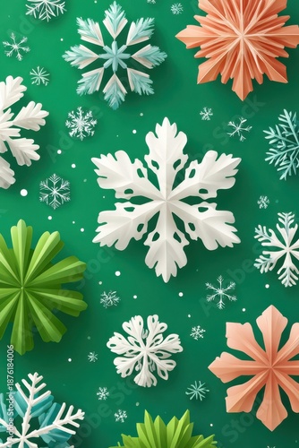 Wallpaper Mural Festive paper snowflakes on a green background create a colorful Christmas decoration scene Torontodigital.ca