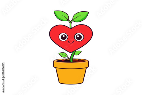 Single Heart Growing from Plant Pot Symbolizing Love Growth, Care and Emotional Nurturing Concept, Minimal Romantic Illustration on White Background