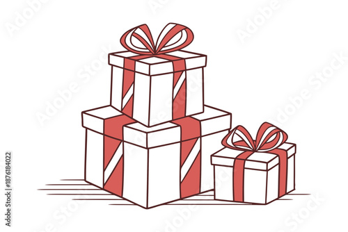 Stack of small red and white gift boxes wrapped in paper for celebration, holiday, birthday, Christmas, Valentine, surprise concept on clean background with festive minimal style