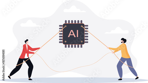 Semiconductor and computer chip supply chain shortage due to pandemic and economic crisis. Business people fighting to get electronic chip. Electronics manufacturing problem concept. Flat vector 