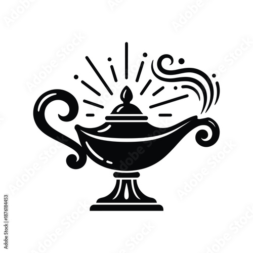 A detailed black and white illustration of a classic genie s lamp with shining magical light