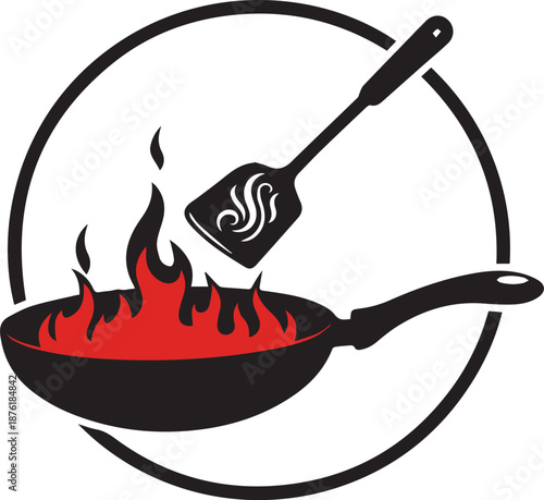 Cooking vector with flaming frying pan, decorative spatula, and broken circular frame in black and red
