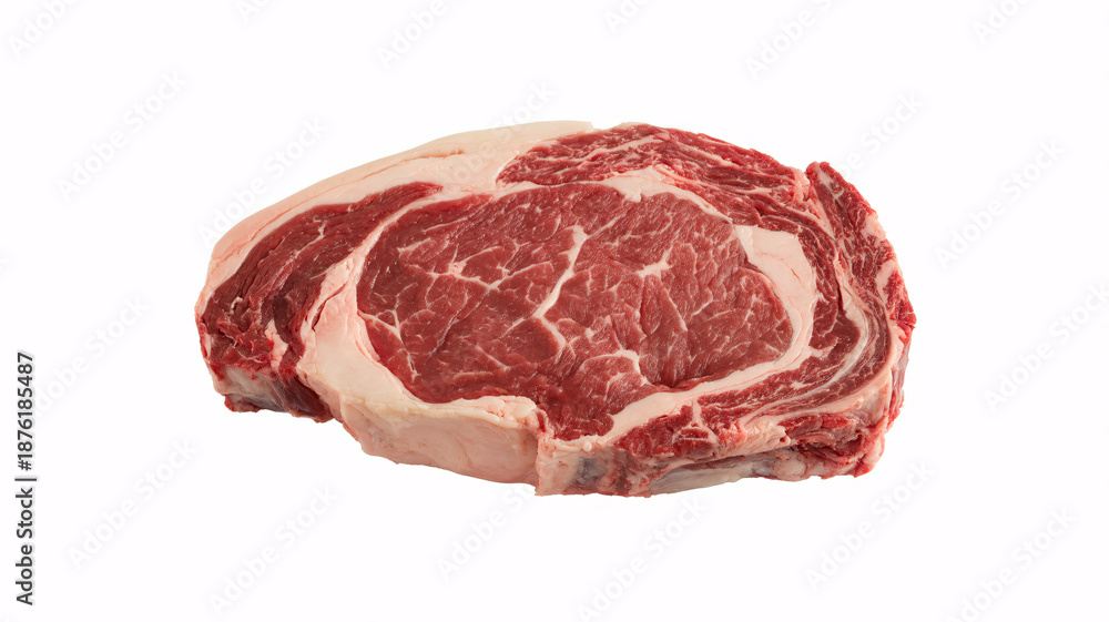 Obraz premium Raw ribeye steak on white background, perfect for culinary advertising