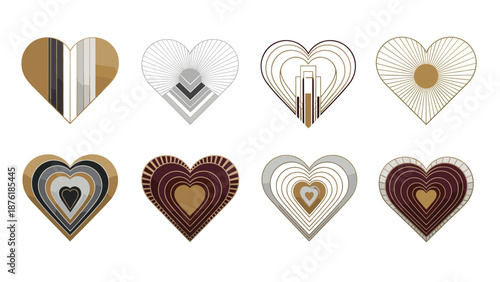 Collection of heartshaped designs with various patterns and colors