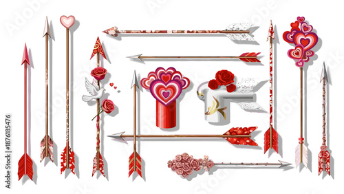 Collection of romantic love arrows and decorative elements for valentines day