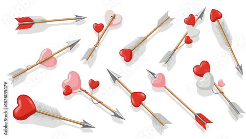 Collection of lovethemed arrows with hearts for romantic design