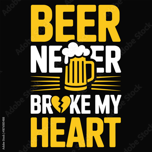 Yellow and white beer mug with heart text on black background