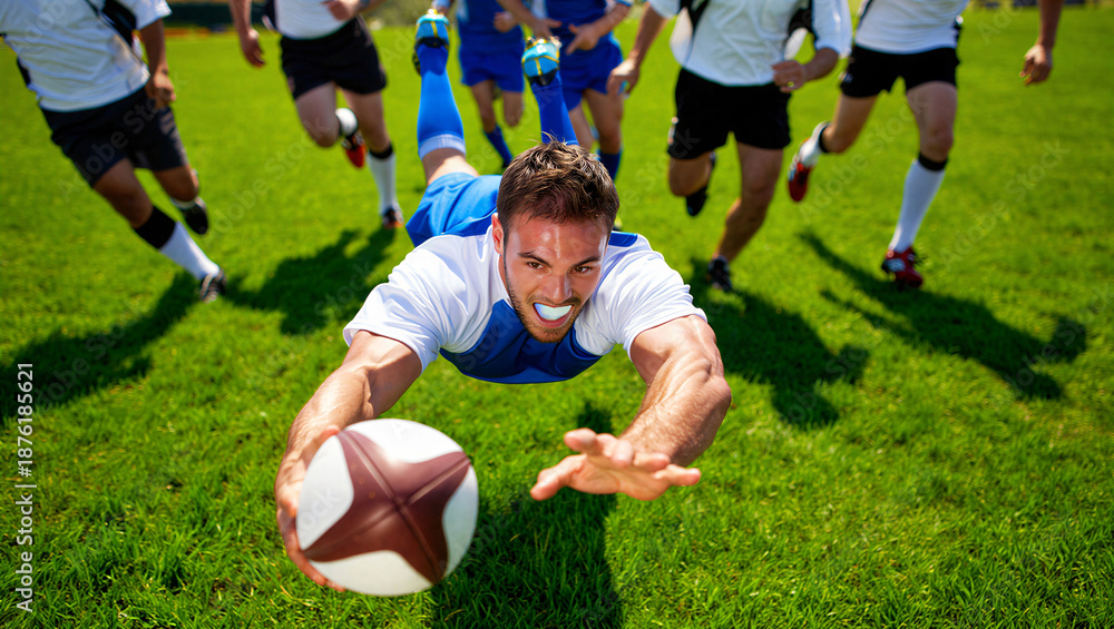 Obraz premium Rugby player diving onto green grass field while reaching for ball during professional match action