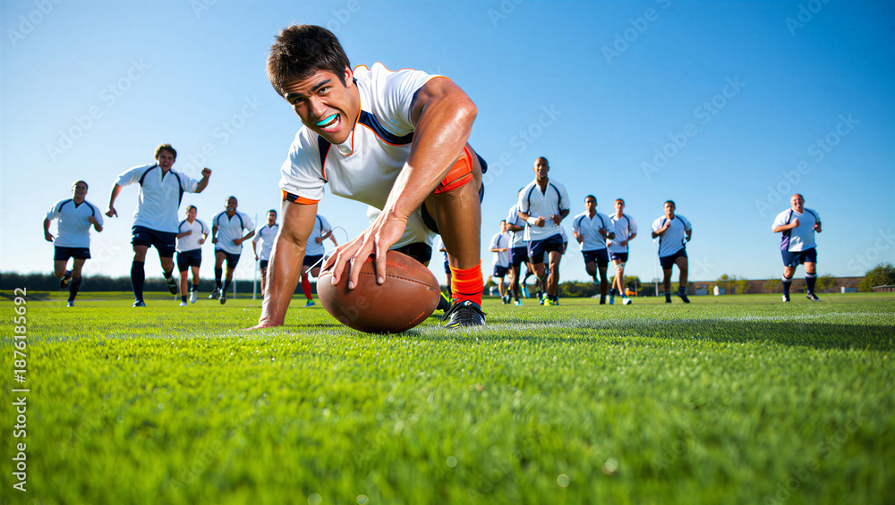 Obraz premium Football player leaning on ball while teammates run in background on sunny grass field during game