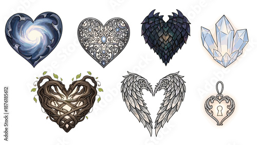 Collection of decorative heartshaped jewelry and ornaments for love