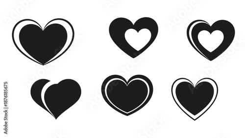Set of six black heart icons with various styles and designs