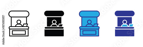 Vector illustration icon a set of four icons depicting a person sitting at a desk with a hat on in different colors and styles