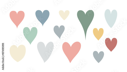 Collection of colorful hearts in various sizes and pastel shades