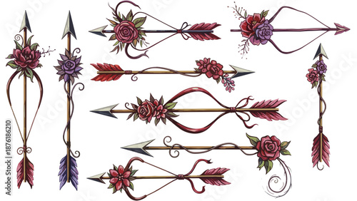Collection of decorative floral arrows and ornaments with intricate designs