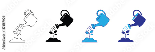 Vector illustration icon set of colorful watering can icons in different colors and styles