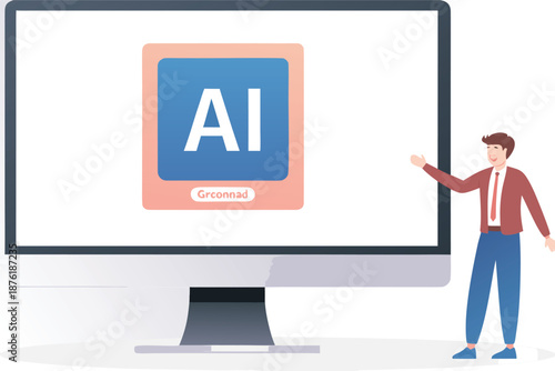 Generative AI model training concept using big data in machine learning. AI content creation with AI-powered assistant for writing articles, artificial intelligence coding. Vector illustration. 