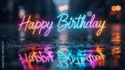 Neon Happy Birthday Text on Reflective Wet Surface at Night reflection