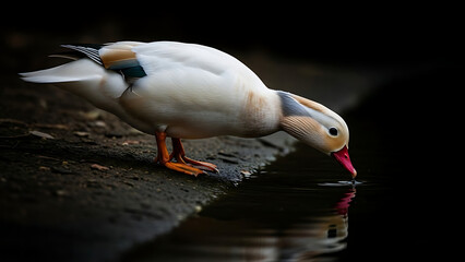 White duck drinking water from dark pond at night with reflection on surface and orange legs standing on wet ground in garden park outdoor setting bird life photography wildlife nature landscape