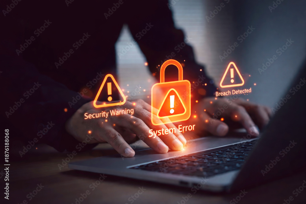 Фотография Laptop or Computer with digital security warning icons representing cybersecurit