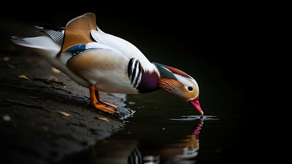 Mandarin duck drinking from dark lake with colorful plumage reflection on water surface and orange legs on soil bank at night outdoor park wildlife bird photography in natural environment