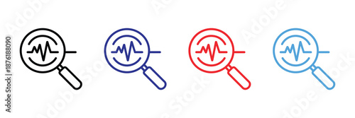 Vector illustration icon colorful magnifying glass icons with ecg heartbeat line symbols in black, blue, red, and light blue