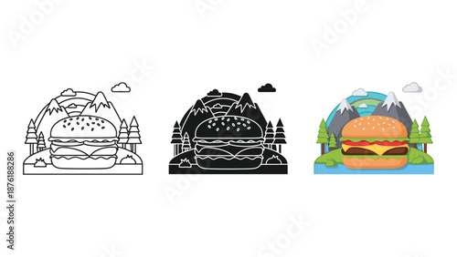 Colorful burger with mountain landscape background
