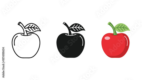 Three Apples in Outline Black and Colorful Styles fruit