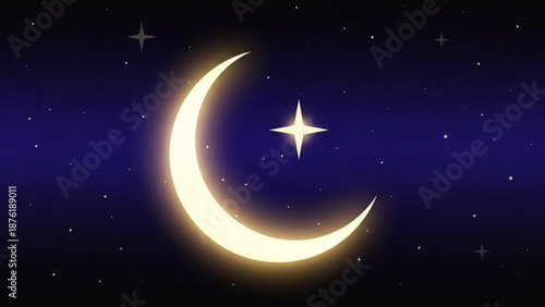 Glowing crescent moon and star in a dark night sky celestial illustration for astronomy and fantasy themes peaceful and serene atmosphere