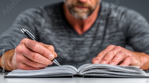 Photorealistic macro of a man's hands writing in a book with a pen. Ideal for education blogs, literary websites, and personal development or journaling topics.