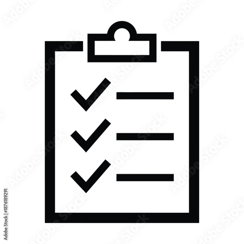 A simple black and white icon depicting a clipboard with a checklist and completed tasks