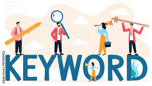 Business team search keyword on desk connect to keyword text metaphor of search best keyword. Illustration For Wallpaper, Banner, Background, Book Illustration, And Web Landing Page. 