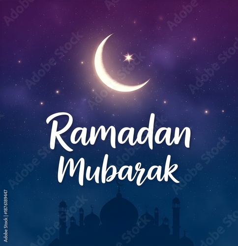 Ramadan Mubarak greeting card with crescent moon and mosque silhouette on night sky