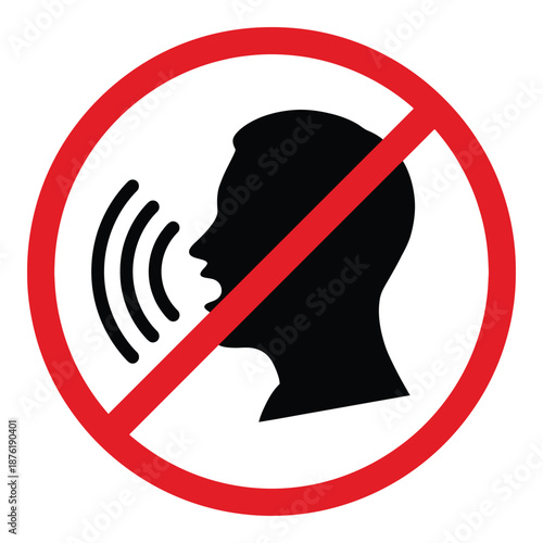 A red prohibition sign displaying a silhouette of a head with a line through it meaning no talking