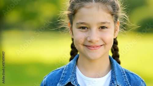 Portrait of a smiling young girl with braided hair outdoors.