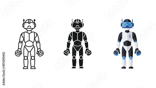 Three robots with different colors standing in a row