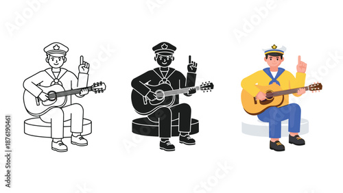 Three Sailors Playing Guitar and Pointing Up white