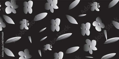 White floral shapes on black background with soft shadows, modern elegant decorative pattern illustration
