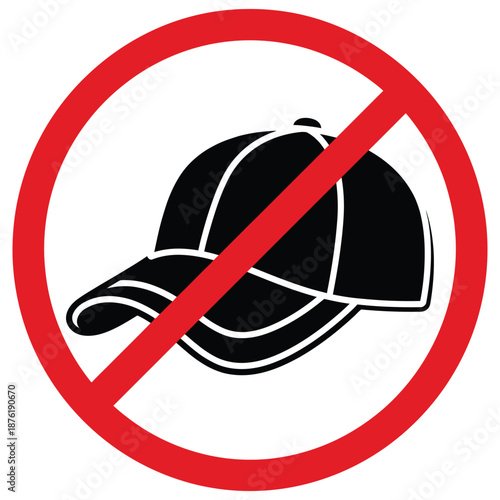 A red prohibition symbol features a black baseball cap indicating no hats allowed