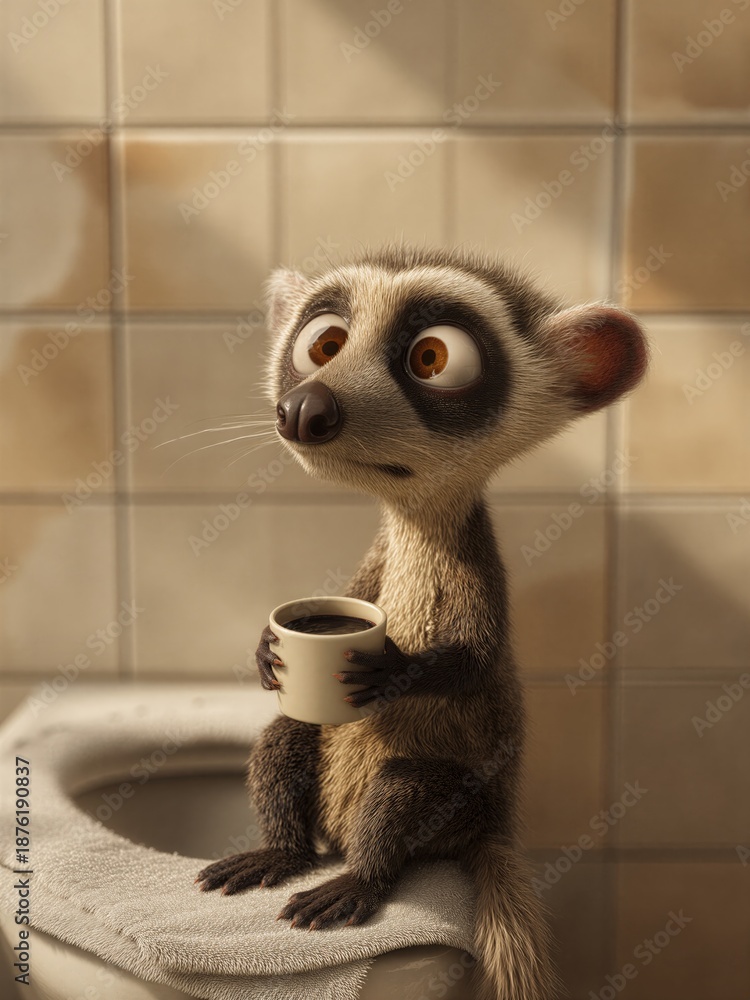 Fototapeta premium Un lémur antropomórfico disfruta de una taza de café en un baño.