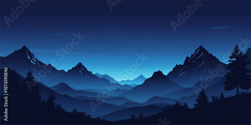 Blue monochromatic mountain range landscape at night with starry sky and pine tree silhouettes; flat vector illustration for nature background.
