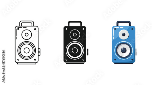 Three Stylized Speakers in Line and Colorful audio equipment