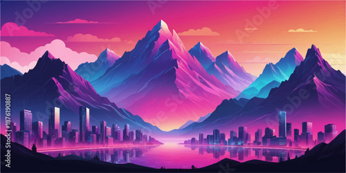 Neon city beneath glowing mountain sunset